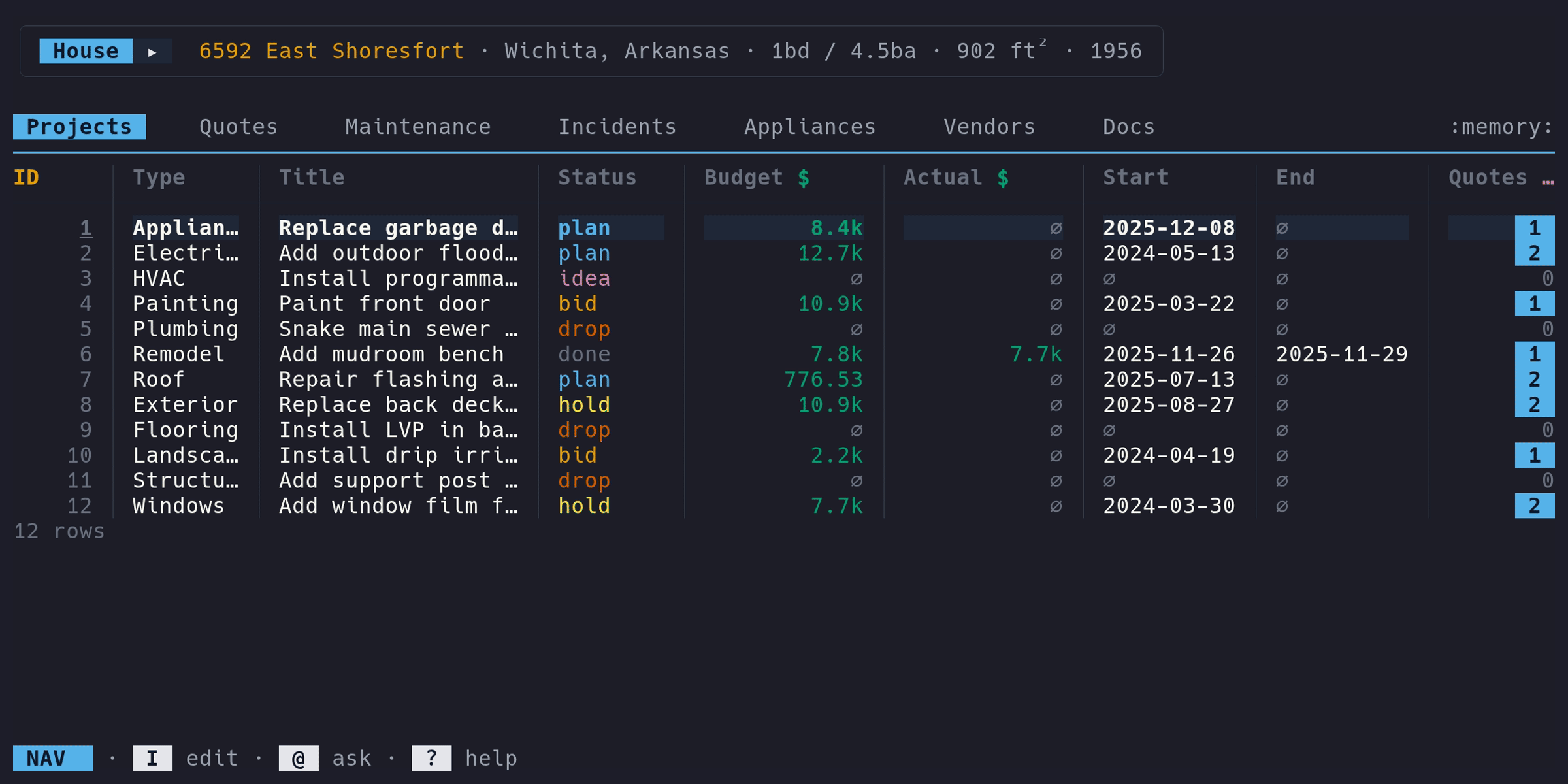 micasa demo showing terminal UI